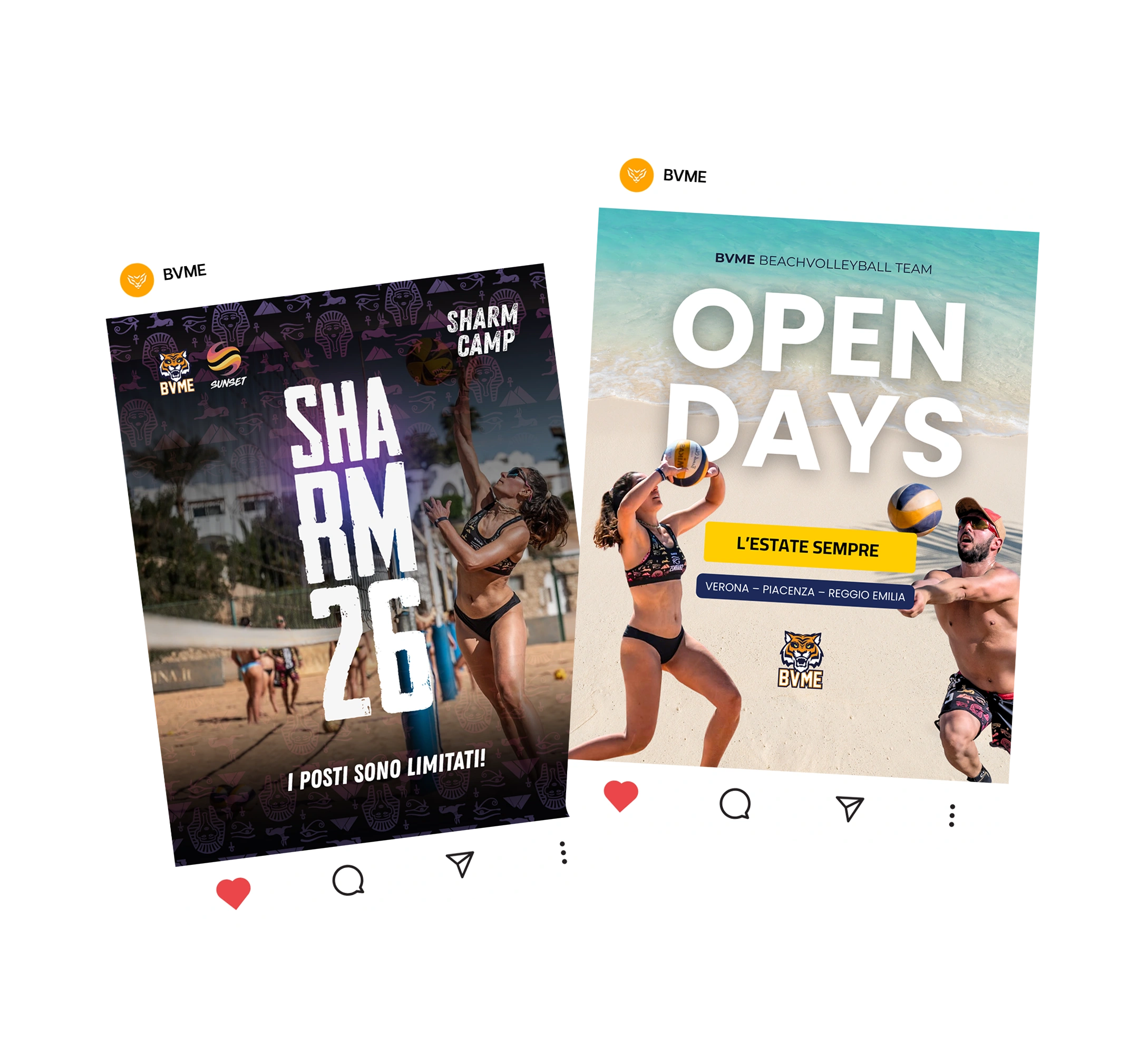 Mockup di due post Instagram BVME: Sharm Camp 2026 e Open Days